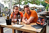 17-06-2021 Breda - De EK wedstrijd Nederland - Oostenrijk kijken de meeste Bredanaars binnen. Slechts enkele inwoners  zitten in de binnenstad met een ipad op het terras en zien daar  hoe Depay de 1-0 scoort. - Fotokrant