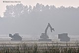 01-10-2025 Breda - Werklui trekken in de mist met hun speciale rupsvoertuigen natuurgebied De Vierde Bergboezem in om net als de voorgaande dagen struiken langs sloten te verwijderen op de wetlands.  - Fotokrant